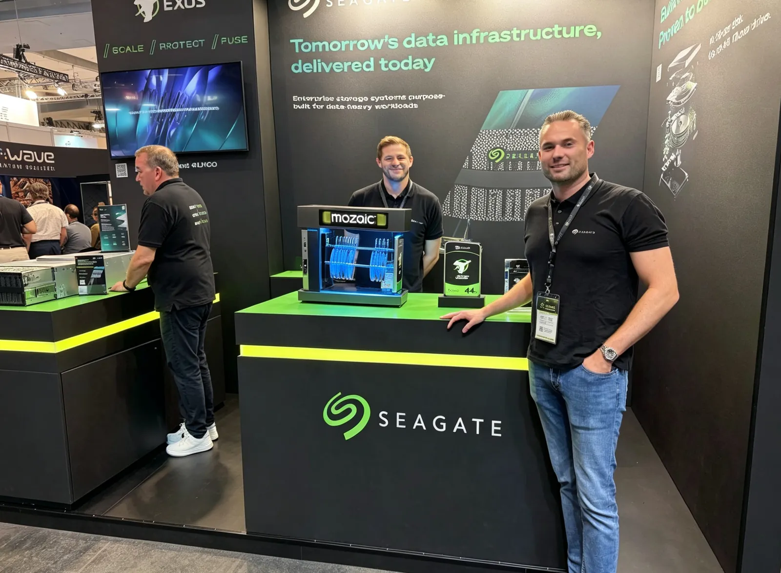 Seagate enterprise storage booth — Exos and Mozaic platform display